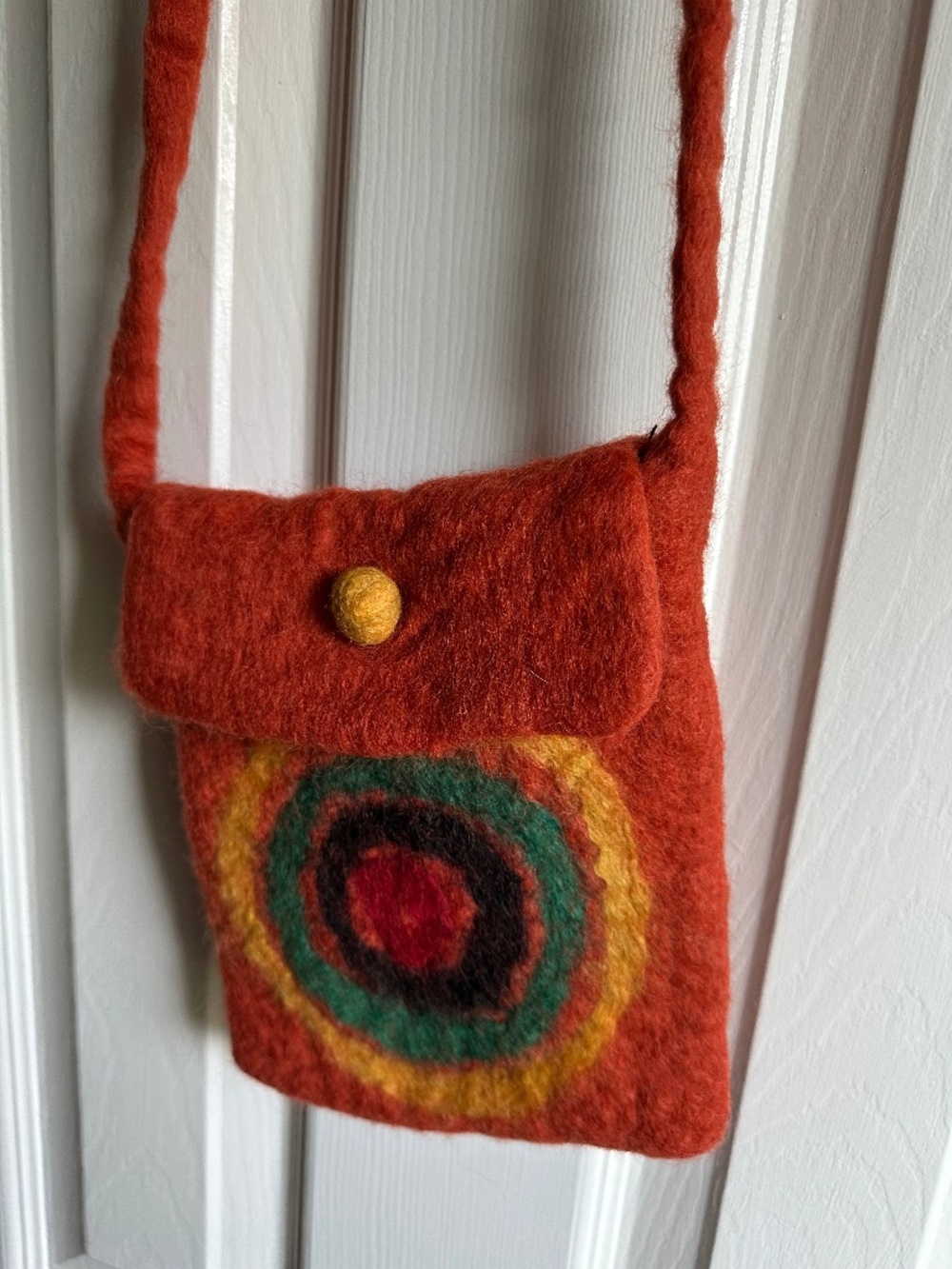 100% Felted Wool Nepal Crossbody Handbag Purse Boho Orange Camera Phone Bag